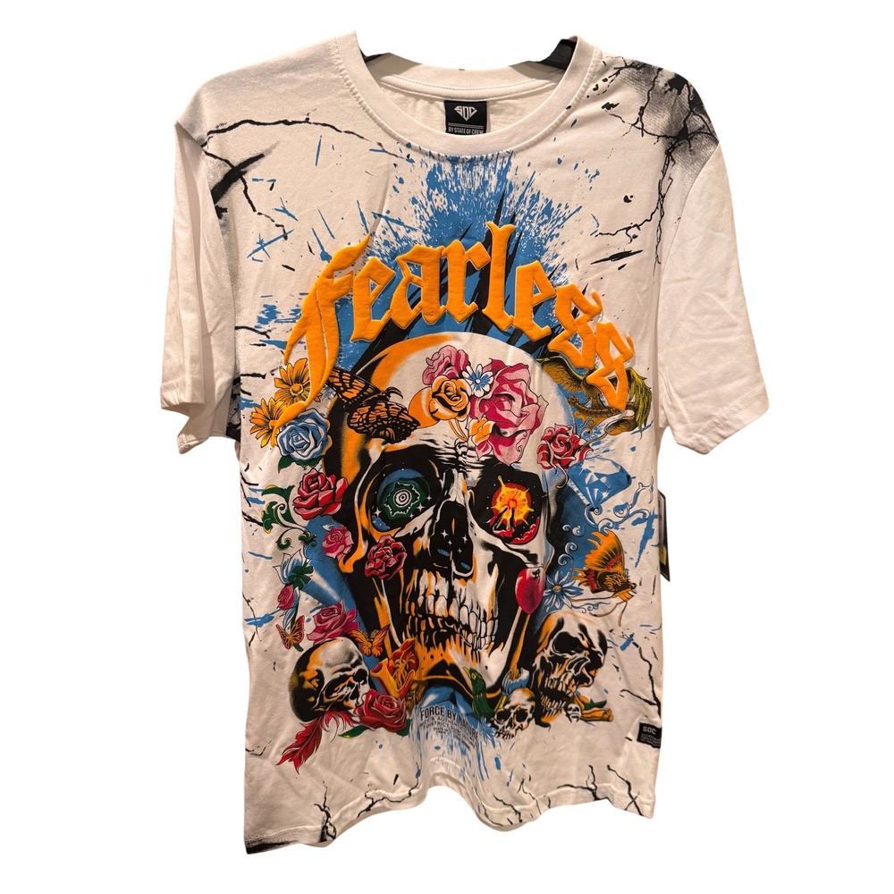 State of Crew Mens Fearless Skull Graphic T-Shirt White Orange Puff Print M NEW